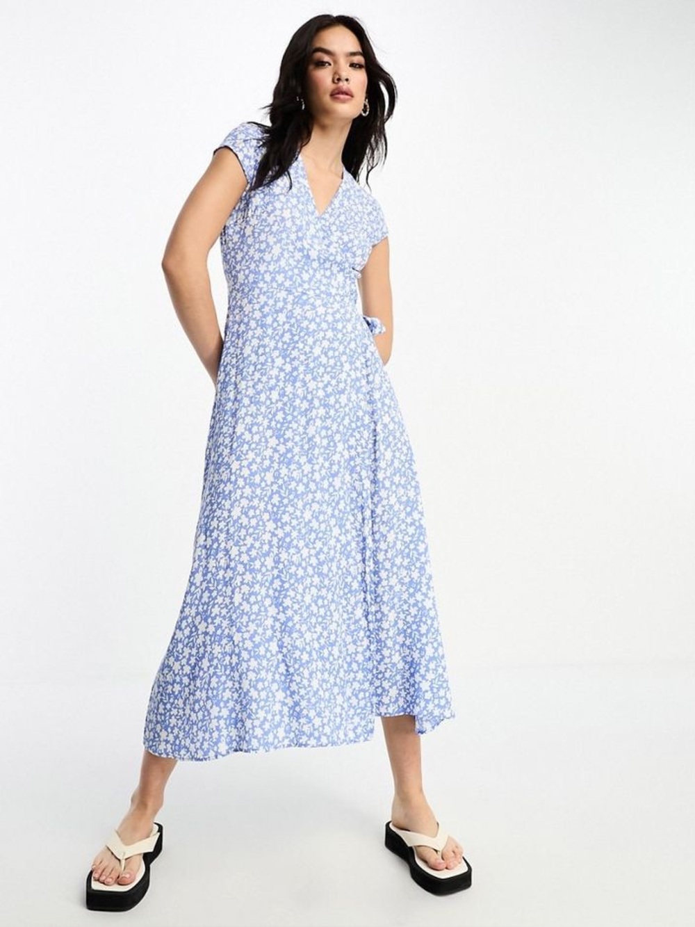 & Other Stories | Blue Floral Wrap Midi Dress | Size 8